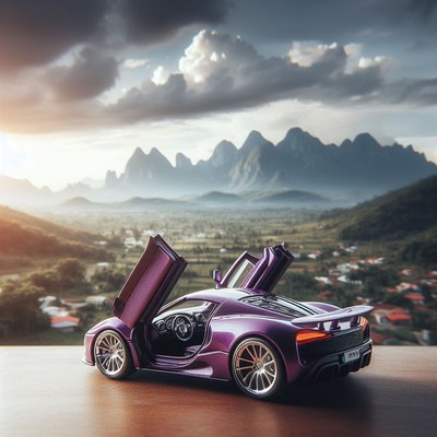 Purple sports car parked with mountain view