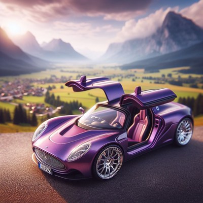 Purple sports car parked in mountains