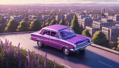 Purple car driving through city