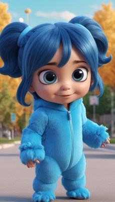 Blue furry outfit girl walking on street