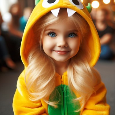 Little girl smiling in yellow dinosaur costume
