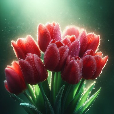 Red tulips with dew drops