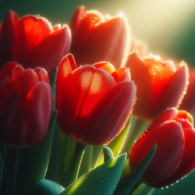 Dewy red tulips in sunlight