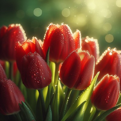 Dewy red tulips in morning light