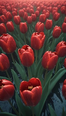 Red tulips in the rain