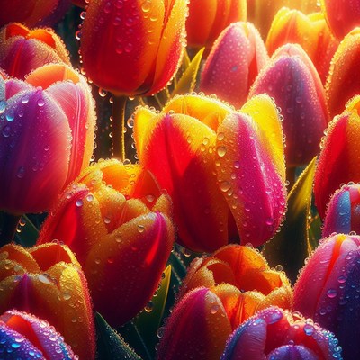 Dewy tulips in the morning sun