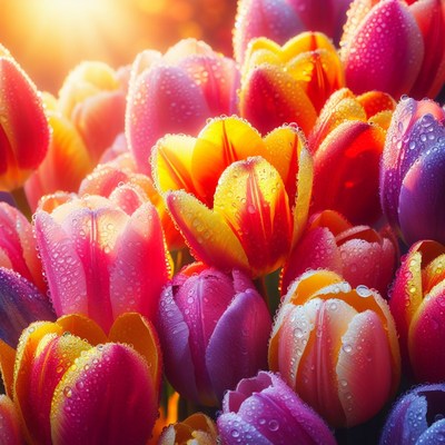 Colorful tulips in dewy morning light