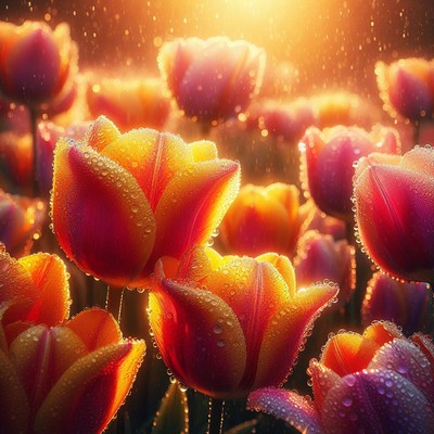 Tulips in the golden hour rain