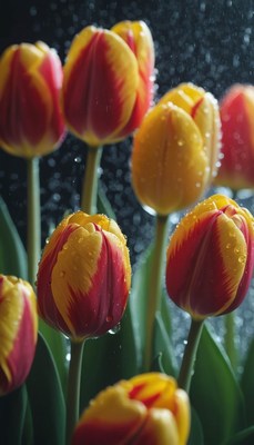 Red and yellow tulips in the rain