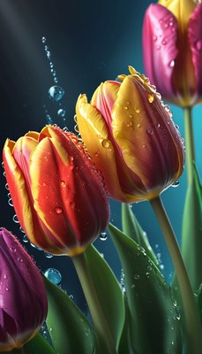 Colorful tulips with water drops