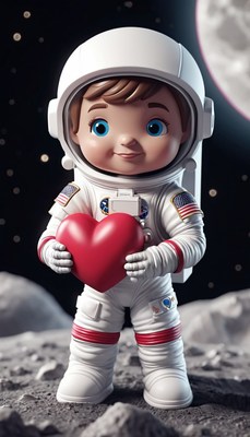 Astronaut holding heart on moon