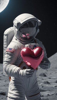 Astronaut holding heart on the moon