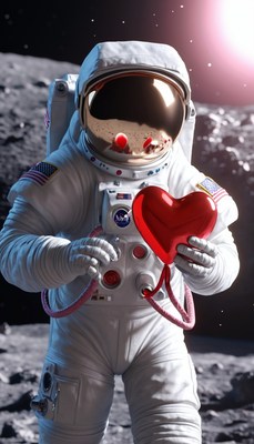 Astronaut holding heart balloon on the moon