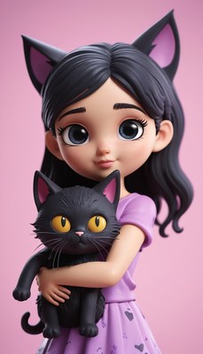 Girl with black cat in purple dress