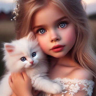 Little girl holding white kitten
