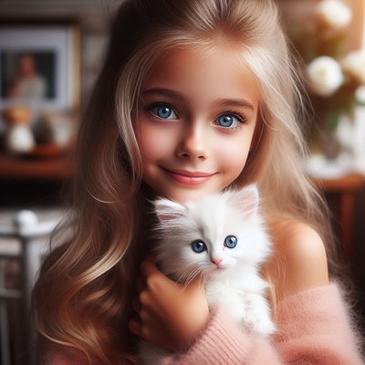 Young girl holding white kitten