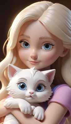 Blonde girl holding white kitten