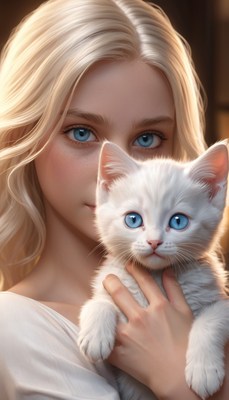 Woman holding white kitten