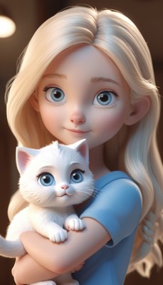 Girl holding white kitten