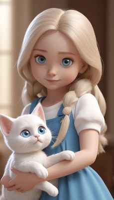 Blonde girl holding white kitten