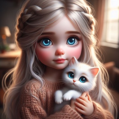 Girl holding kitten with blue eyes