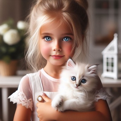 Girl holding kitten indoors