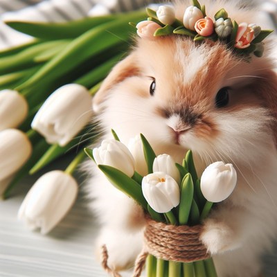 Fluffy bunny with tulips