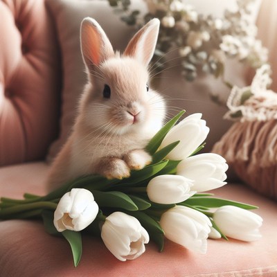 Bunny with white tulips on couch
