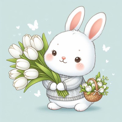 Cute bunny holding tulips