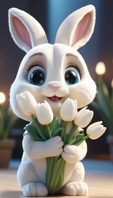 White bunny holding tulips