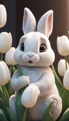 White bunny among tulips