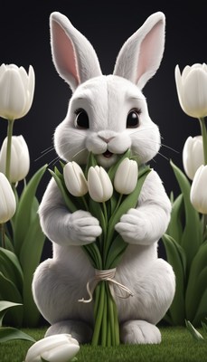White rabbit holding tulips