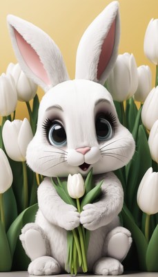 Bunny holding tulips in spring