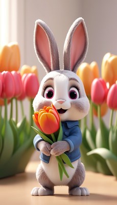 Bunny holding tulips