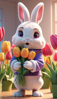 Bunny holding tulips in spring
