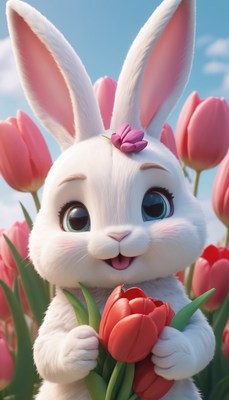 Bunny holding red tulip in spring