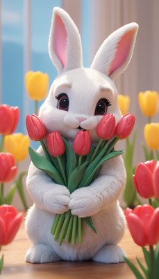 White bunny holding red tulips