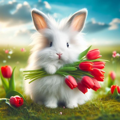 White rabbit holding tulips in grass