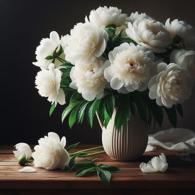 White peonies in a vase on a wooden table