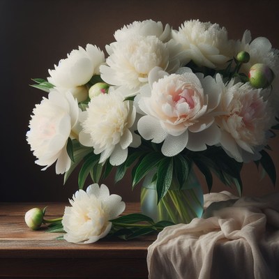 White peonies in a vase on a table