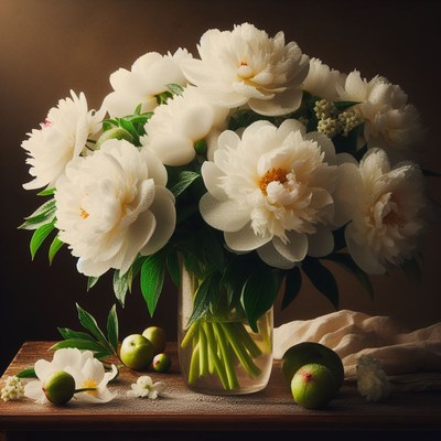 White peonies in vase on wooden table