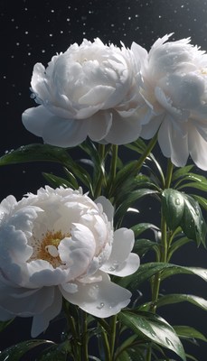 White peonies in the rain