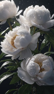 White peonies in the rain