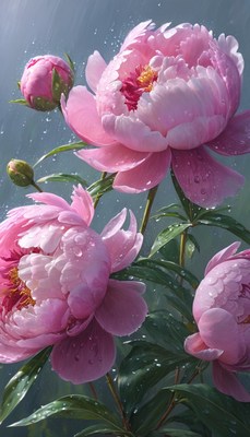 Pink peonies in rain