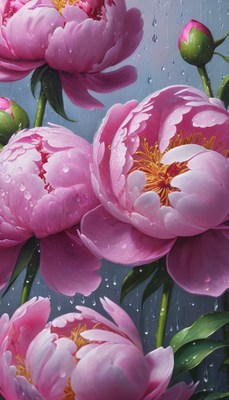 Pink peonies in the rain