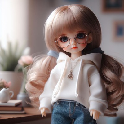 Doll wearing white hoodie and glasses