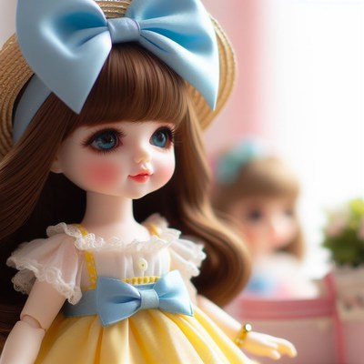 Doll in yellow dress with blue bow