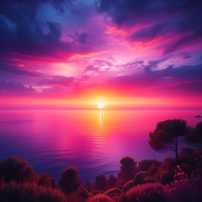 Sunset over coastal landscape
