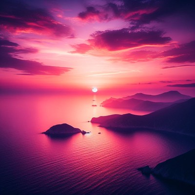 Pink sunset over islands