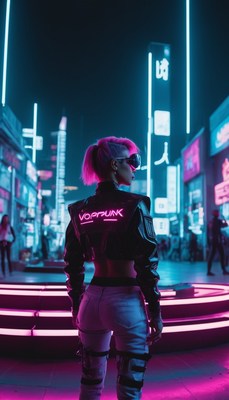 Cyberpunk woman posing in neon city